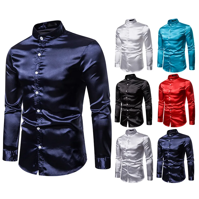 

Silk Shirt Men 2018 Satin Smooth Men Solid Tuxedo Shirt Business Chemise Homme Casual Slim Fit Shiny Gold Wedding Dress Shirts