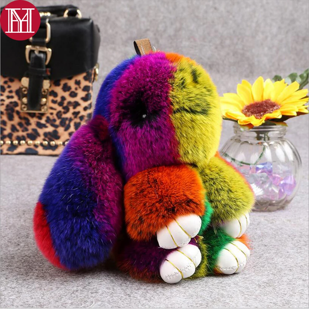 

18cm Big Size Cute 2018 Pluff Bunny Keychain Genuine Rex Rabbit Fur Key Chains Women Bag Toys Doll Fluffy Pom Pom Lovely Keyring