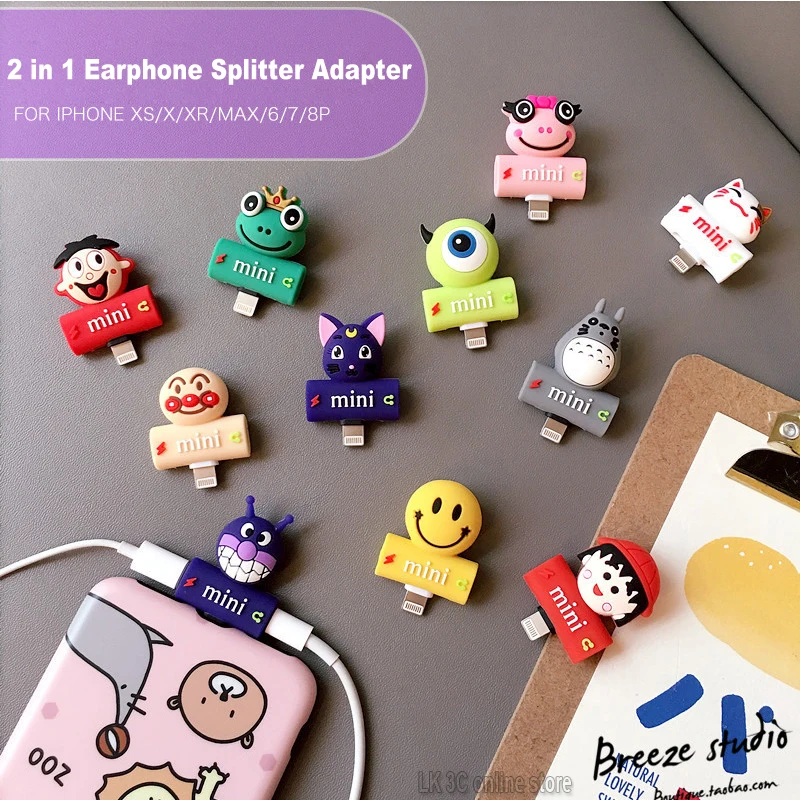 

2 in 1 Cute Earphone Splitter Adapter for APPLE Lightning Charging Ports Cartoon Charger Music Converter for iPhone 7/8/X plus