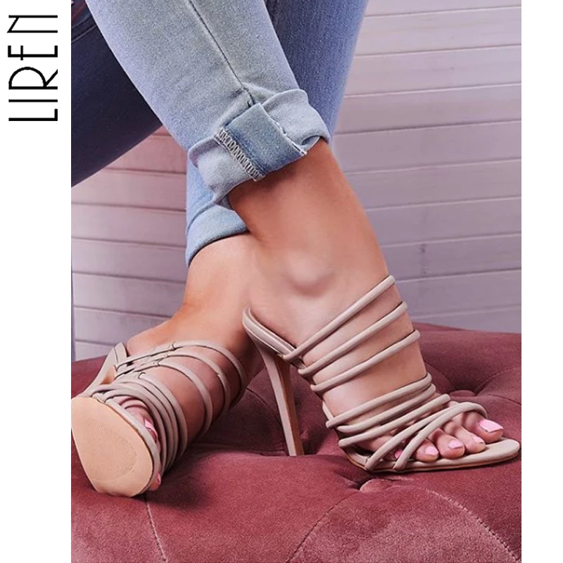

Liren 2019 Summer New Fashion Sexy Patent Leather Shallow Sandals Woman Peep Toe High Heels Shoes Black Apricot Size 5-9
