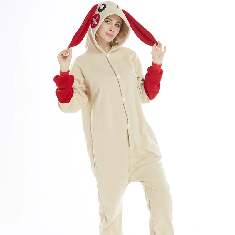 Красная пижама с кроликами onesie женская зимняя флисовая Пижама для взрослых Ночная рубашка Милая одежда для сна комбинезон ночное белье цельный