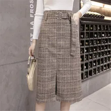 Новинка, осенне-зимние женские юбки с завышенной талией, клетчатая юбка с поясом и карманами, юбка миди, Повседневная Женская юбка размера плюс, saias