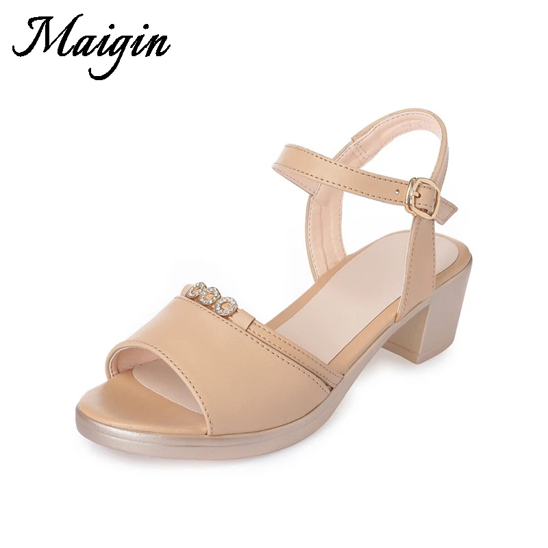 Maigin Genuine Leather Summer Shoes 2018 Thick Heels Women Sandals Peep Toe Rhinestone Sandals Thick Heels Shoes Women Footwear