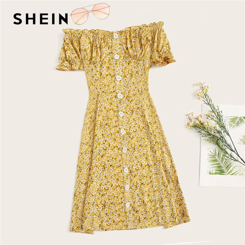 

SHEIN Boho Yellow Off Shoulder Single Breasted Floral Frilled Summer Mini Dress Women Strapless Shirred A Line Elegant Dresses