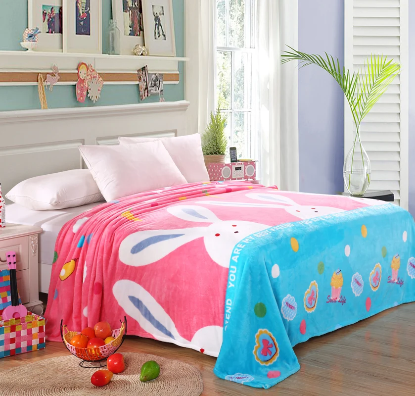 Cartoon Bunny Rabbit Printed Plush Fleece Blanket Flannel For Bed Sofa Couch Throw Child Girl