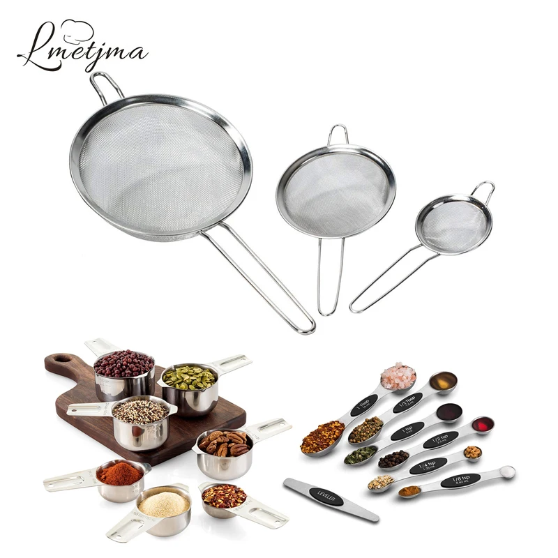 

LMETJMA Strainer Fine Mesh Set Stainless Steel Measuring Cups and Spoons Set Premium Sieve Colander Sets Baking Tools Set KC0145