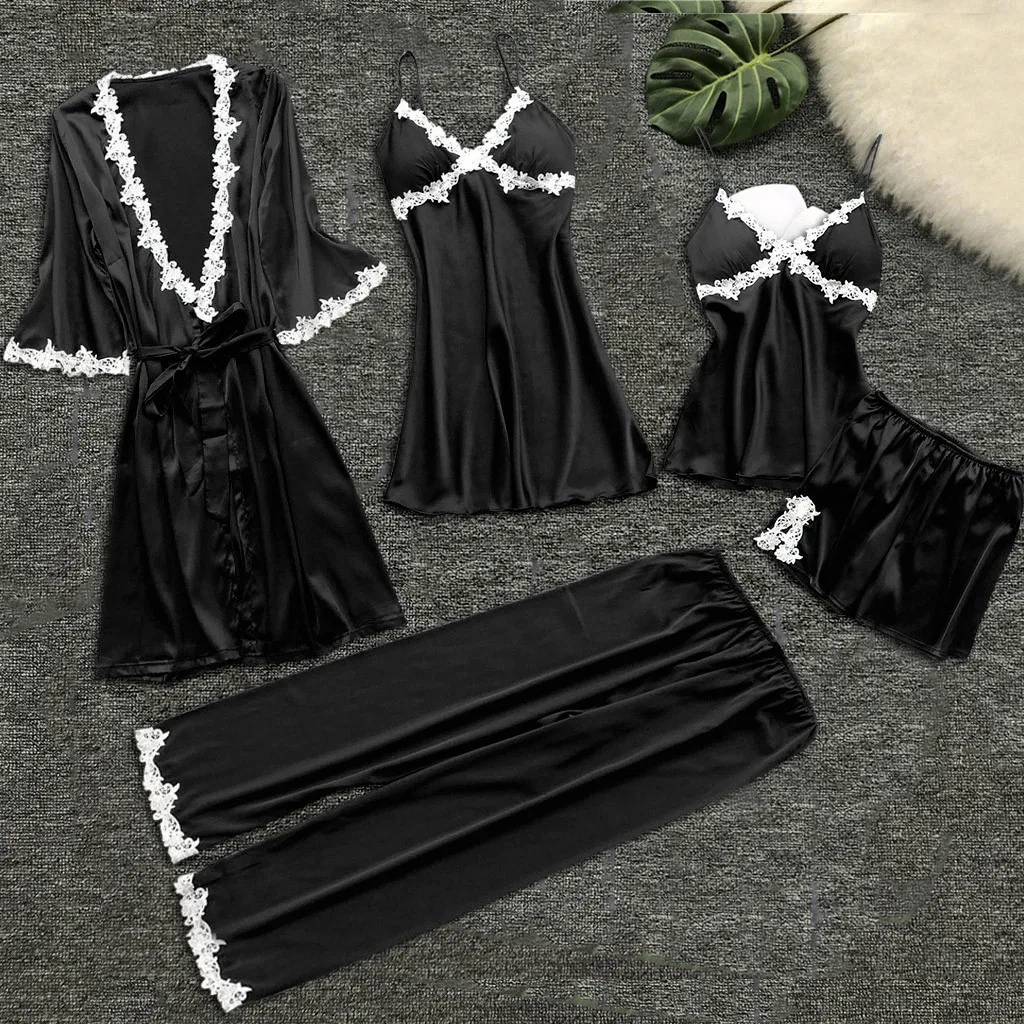 

free shiping Women Sexy Lace Pajamas 5PC Suit Sets Women Sexy Robe Pajamas Lingerie Nightwear Underwear Babydoll Sleepwear