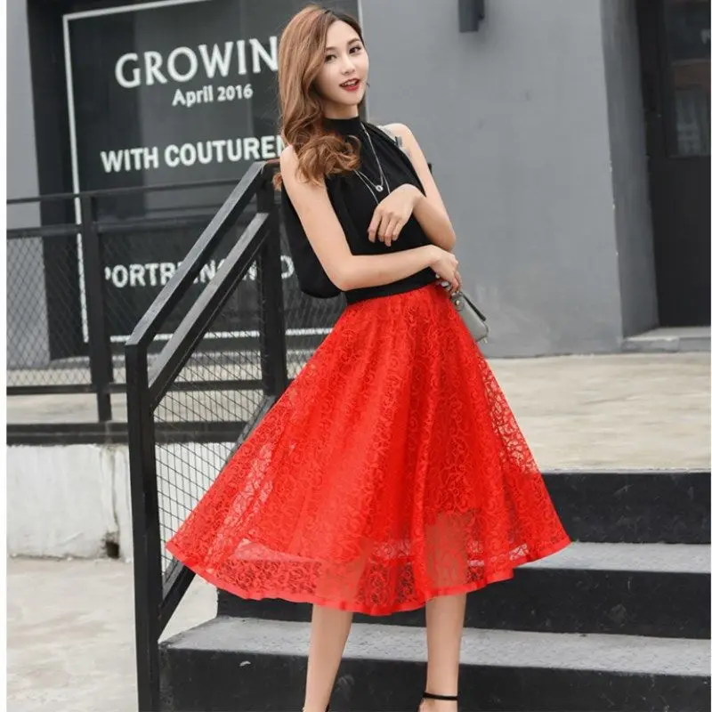

2019 High Waist Mesh Skirt Spring Summer Tutu Lace Skirt Women Slim A-line Swing Skirt Jupe Femme Office Skirts E96012