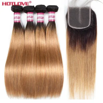 

Peruvian Straight Hair Weave Bundle with Lace Closure 1B/27 Non Remy Ombre Blonde Hotlove Human Hair Weave 3 Bundle with Closure
