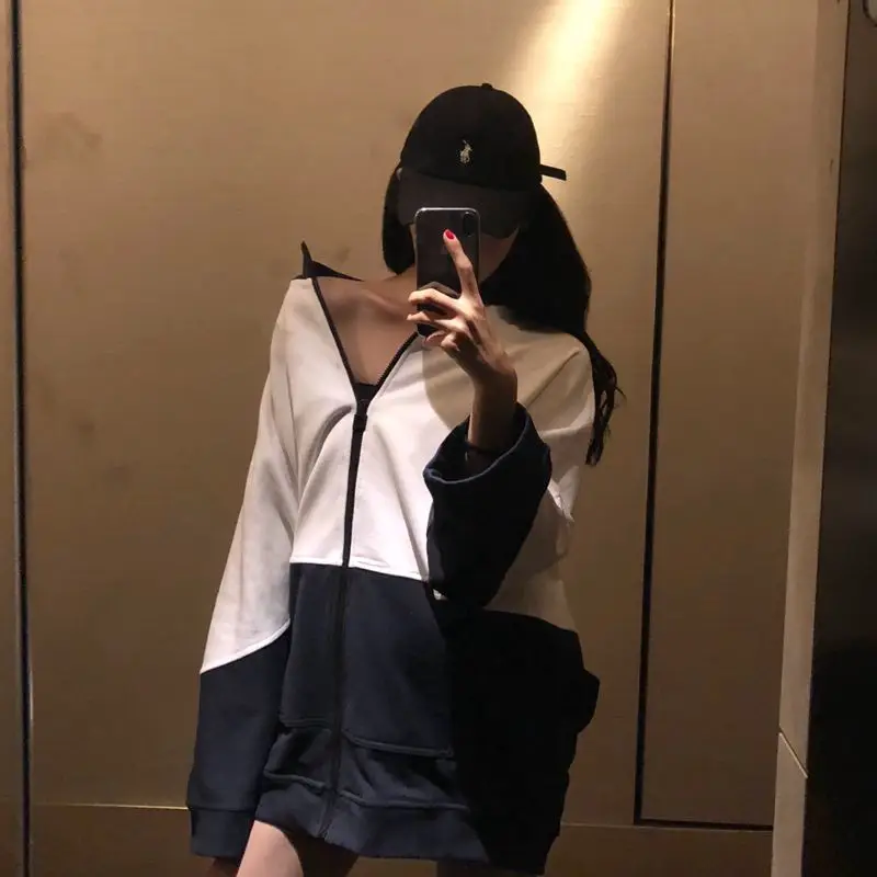 

Fashion BF wind over sized bat sleeve jacket casual simple contrast color loose long paragraph casual coat Female Spring autumn