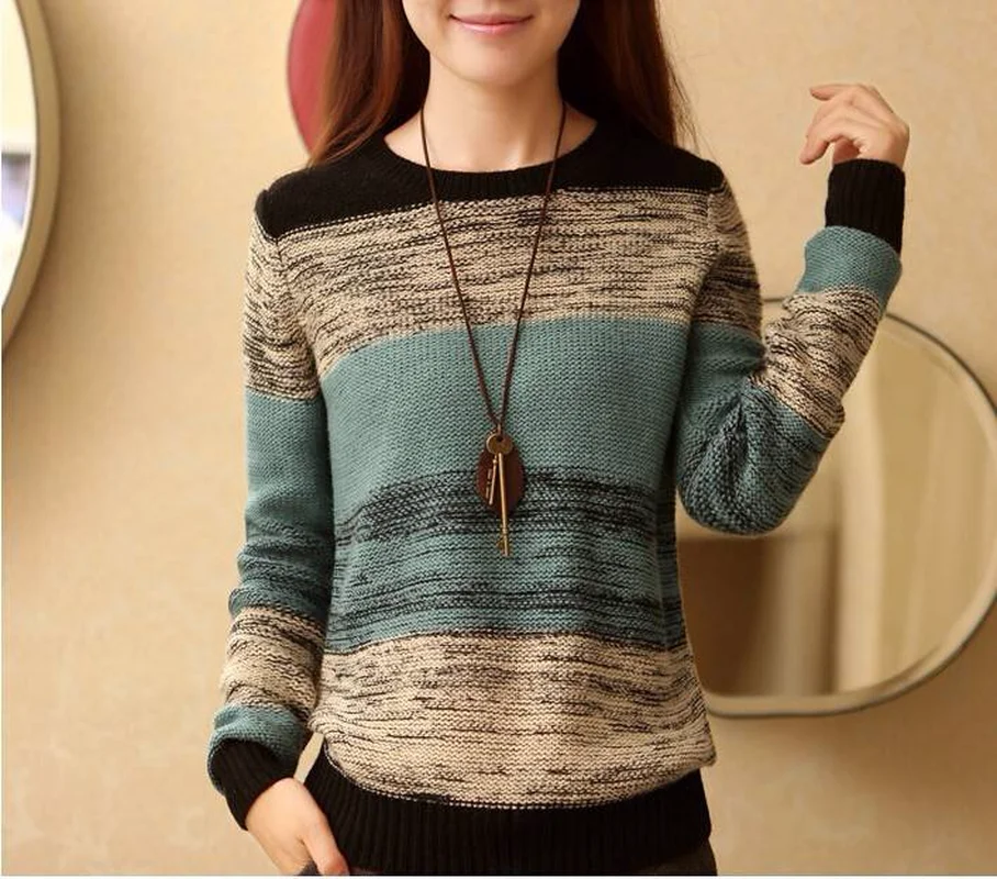 New Women Wool Pullover O-neck Stripe Long sleeve Loose Knitted Vintage Sweater | Женская одежда