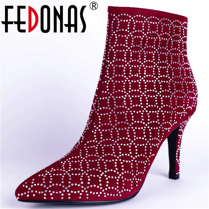 

FEDONAS Fashion Sexy Women Blingbling Pointed Toe Party Wedding Shoes Woman Thin High Heels Zipper Prom Pumps Cow Suede Boots