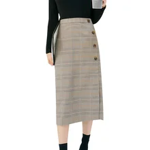Осенняя Женская прямая клетчатая юбка с высокой талией, Ретро стиль, длинные юбки средней длины, Женская однобортная открытая юбка с разрезом, faldas jupe