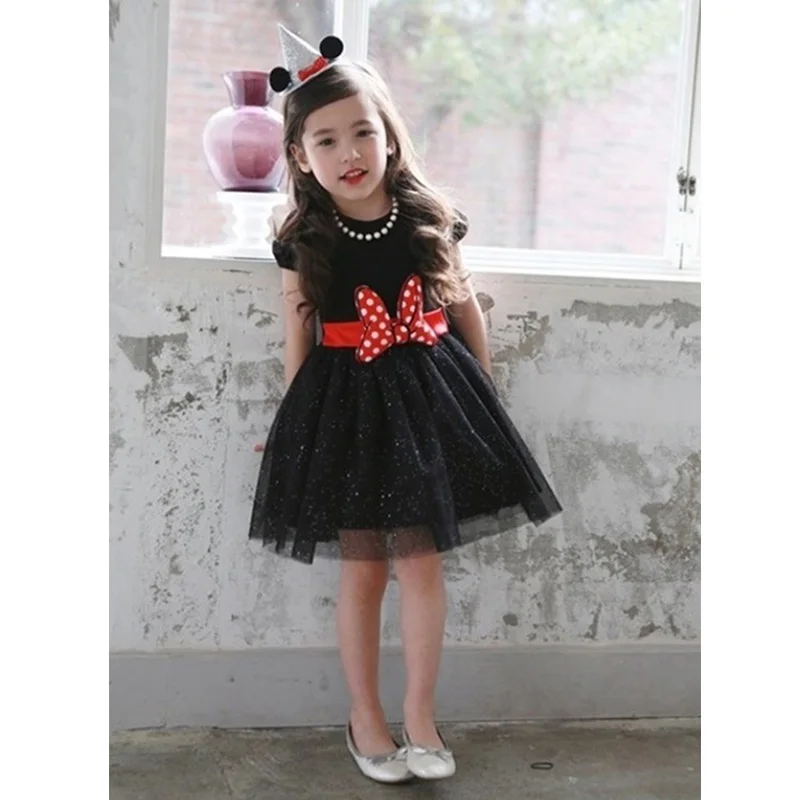 

Cute Baby Girls Costume Glitter Mesh Dress O-neck Short Sleeve Red Dot Bow Waist Princess Dresses Summer Girls Party Dress Gifts