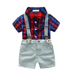 Одежда для маленьких мальчиков летняя детская одежда модная клетчатая футболка с короткими рукавами комплект из топа и шорт на бретелях