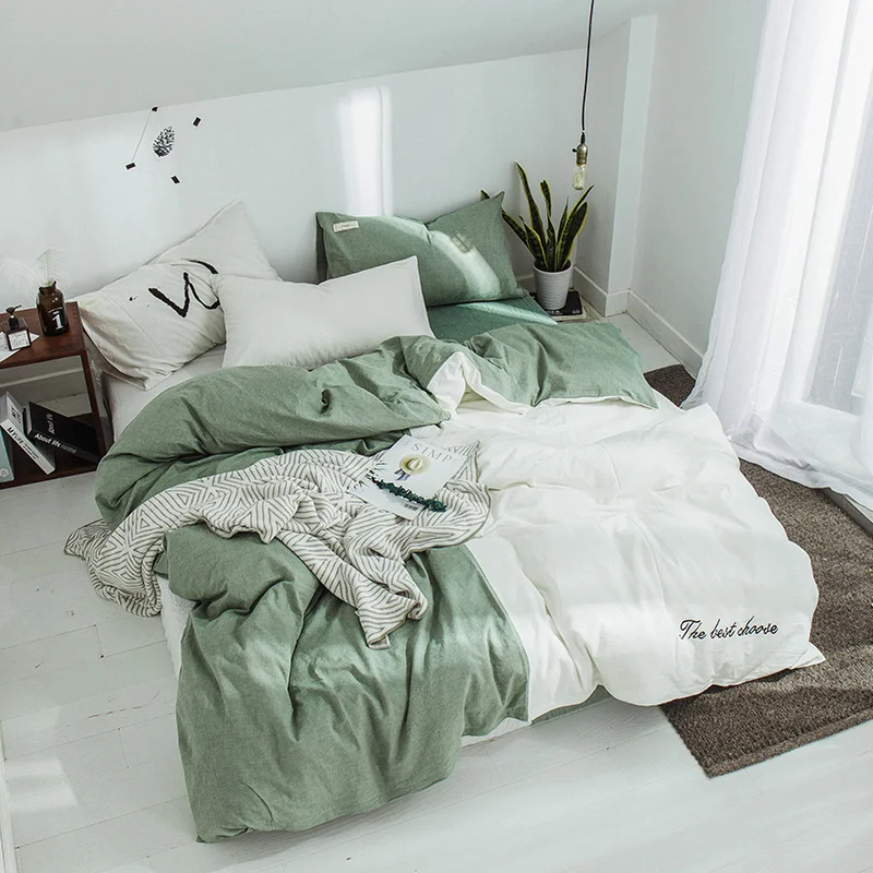 

Green Solid Color Stitching Pattern 100% Cotton Duvet Cover Flat Bed Sheets +Pillowcase King Queen Full Bedding Set Bedding Set