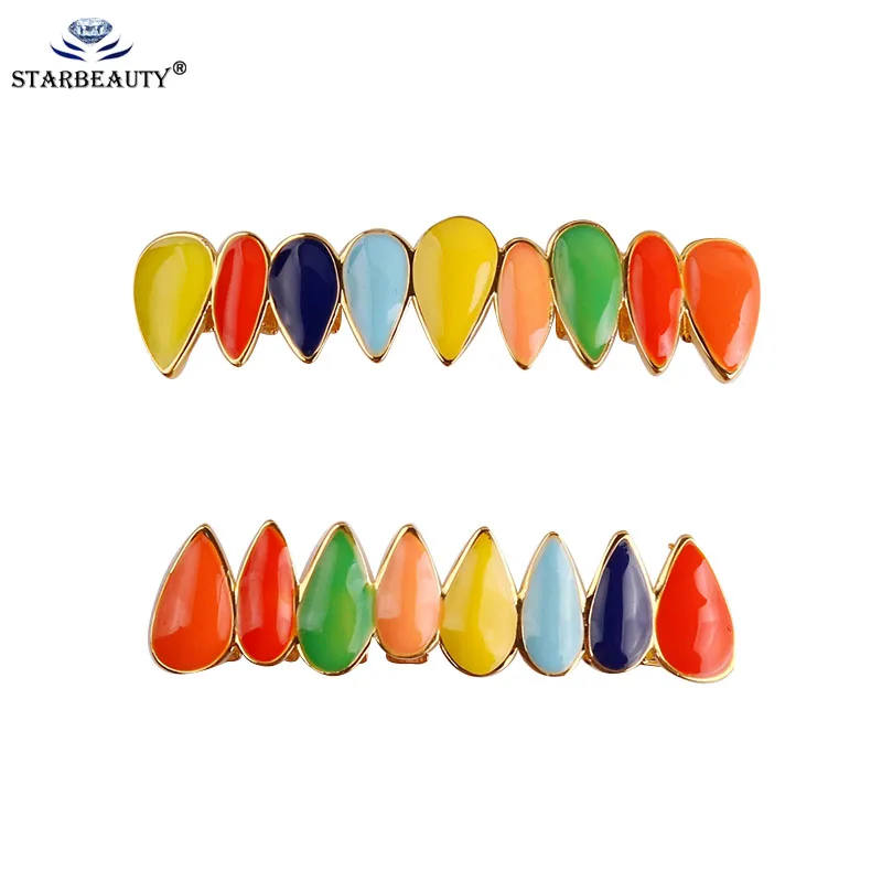 

1Set Hip Hop Gold Colorful Teeth Grillz Top&Bottom Colorful Grills Dental Halloween Vampire Teeth Jewelry