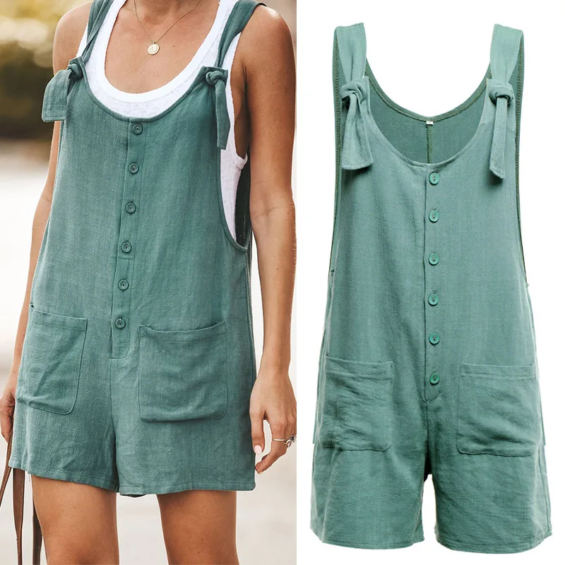 

Women Cotton Linen Strappy Wide Leg Loose Jumpsuit Overalls Short Bib Pants for Summer IK88