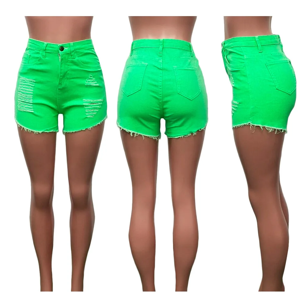 Неоновые зеленые оранжевые джинсовые шорты, женские рваные узкие укороченные штаны с карманами на молнии, Летние повседневные уличные женские джинсы