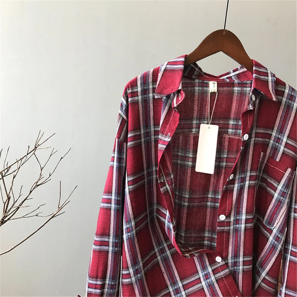 Autumn Boyfriend Style Women Blouse 2018 All Occasion Match casual College shirt long sleeve turn-down collar Plaid Office Shirt (9)