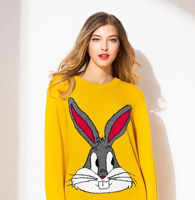 Women's Autumn&winter new O-neck embroidery cartoon big rabbit loose lazy style sweater fashion simple cozy pullover jumper tops