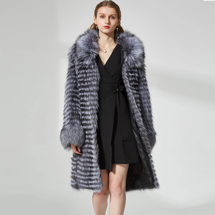 

Real Fur Coats Woman 2018 New Fashion Winter Fox Fur Coat Striped Style Female Lady Long Genuine Sliver Fox Fur Jackets