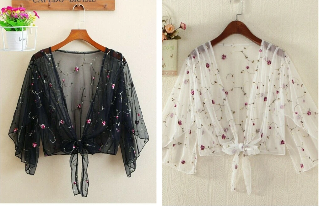 

Casual Party Women Long Sleeve Tops Floral Print Transparent Thin Outwear See-through Blouses Summer