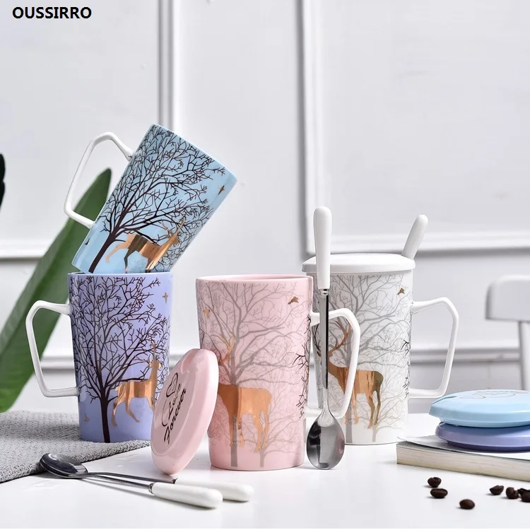 

OUSSIRRO Christmas elk Mug Ins ceramic cup Gift box Nordic Couple gift Coffee cup Spoon with lid L2244