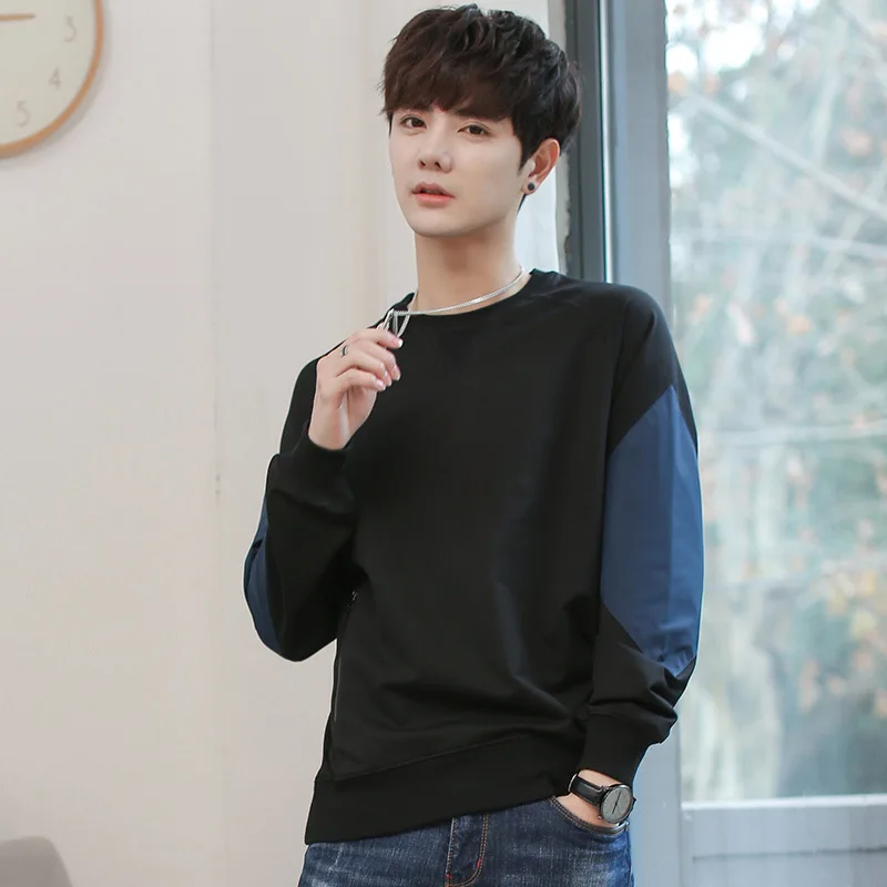 Корейский стиль модные Лоскутные толстовки для мужчин с круглым вырезом мужская толстовка с длинным рукавом пуловер Повседневный размера плюс винтажные толстовки - Цвет: Черный