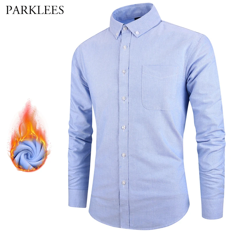 Oxford Warm Velvet Cotton Shirt Men High Quality Casual Soft Mens Blue