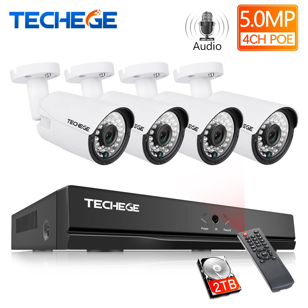 Techege H.265 Super HD 5MP 2592*1944 Audio Surveillance CCTV System 4CH POE NVR Kit Waterproof Outd