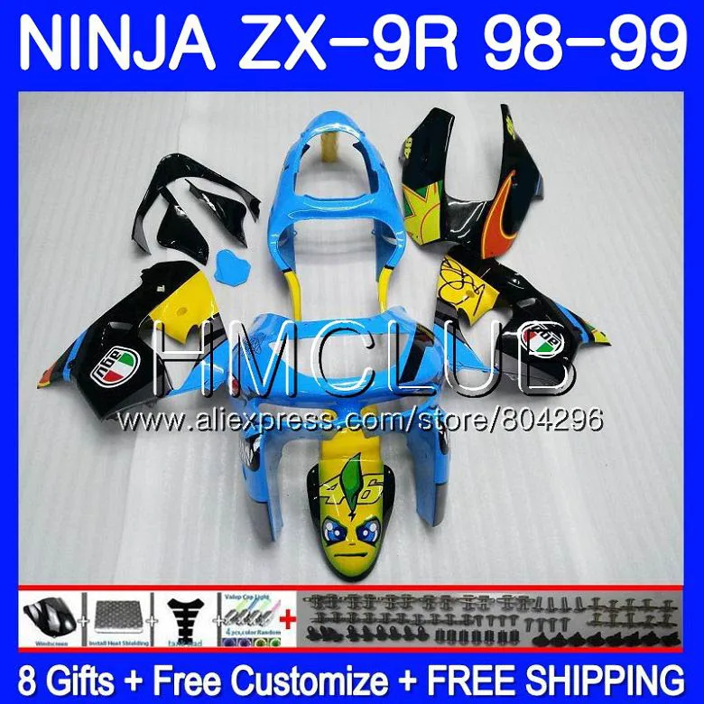

Body For KAWASAKI NINJA ZX900 ZX9 R ZX 900 ZX-9R 98 99 43HM.0 900CC ZX 9 R ZX9R 98 99 ZX 9R 1998 1999 Fairing kit Graffiti blue