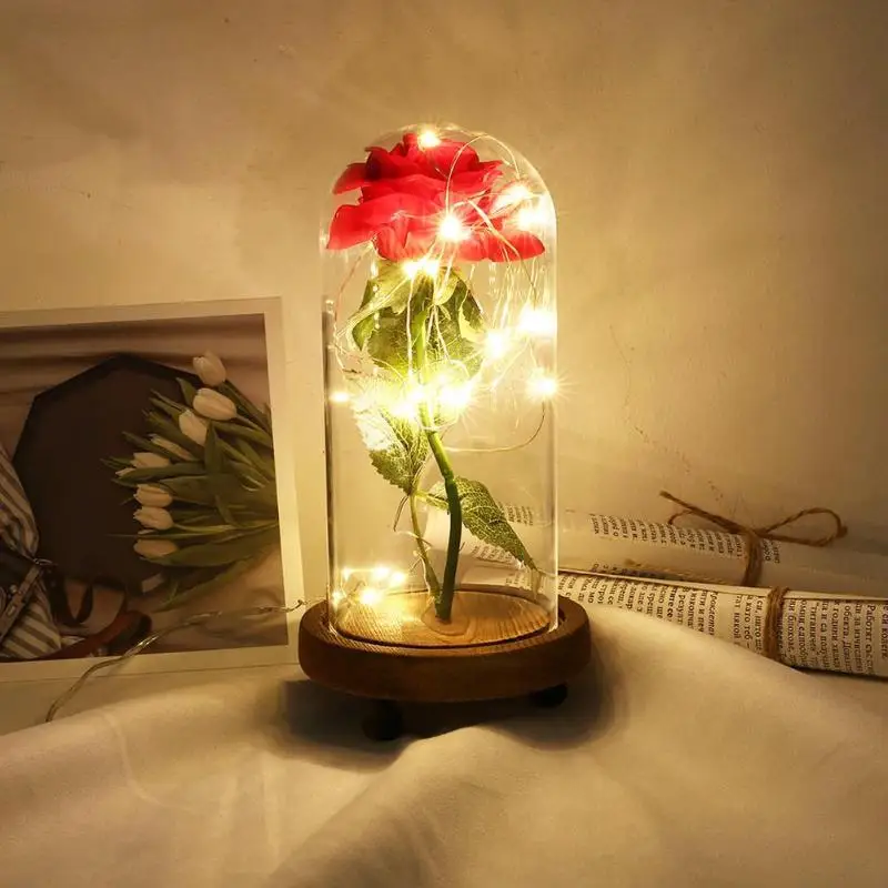 Батарея приведенный в действие светодиодный Роза лампа-бутылка настольная лампа Стекло купол деревянное основание ночника вечерние домашний декор