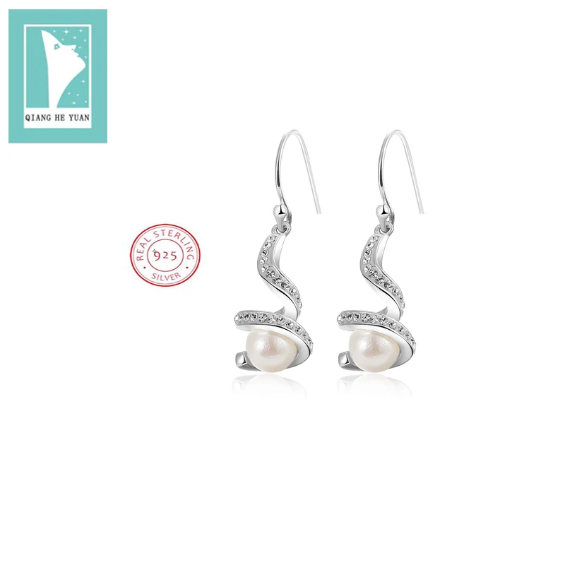 

2018 new female genuine Freshwater Pearl wed Dangle Earrings 925 Sterling Silver twist romantic Earring
