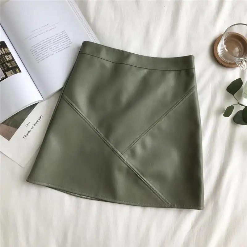 FTLZZ, женская тонкая юбка-карандаш из искусственной кожи, высокая талия, искусственная кожа, облегающие мини-юбки, женская черная Повседневная кожаная юбка - Цвет: Зеленый
