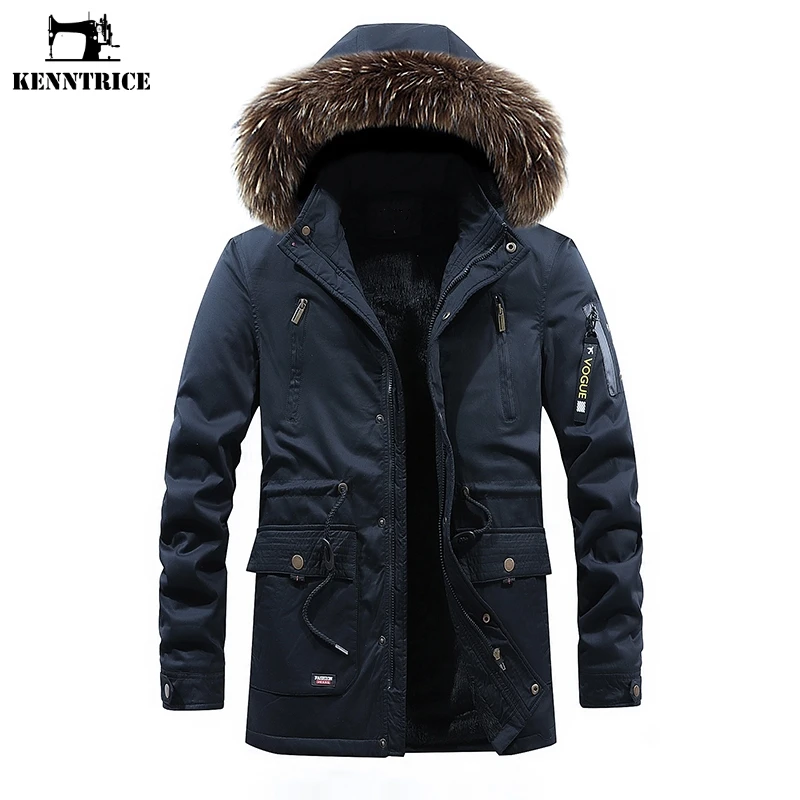 KENNTRICE Брендовое новое зимнее пальто мужские парки толстый теплый меховой воротник с капюшоном длинный плащ зимняя куртка для мужчин