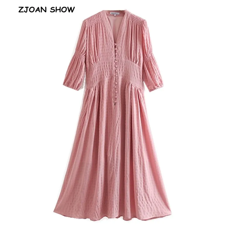 

2019 BOHO Open Buttons V neck Elastic Ruched Dress Pink Ethnic Woman Lantern Sleeve Maxi long Dresses Beach Holiday Vestidos