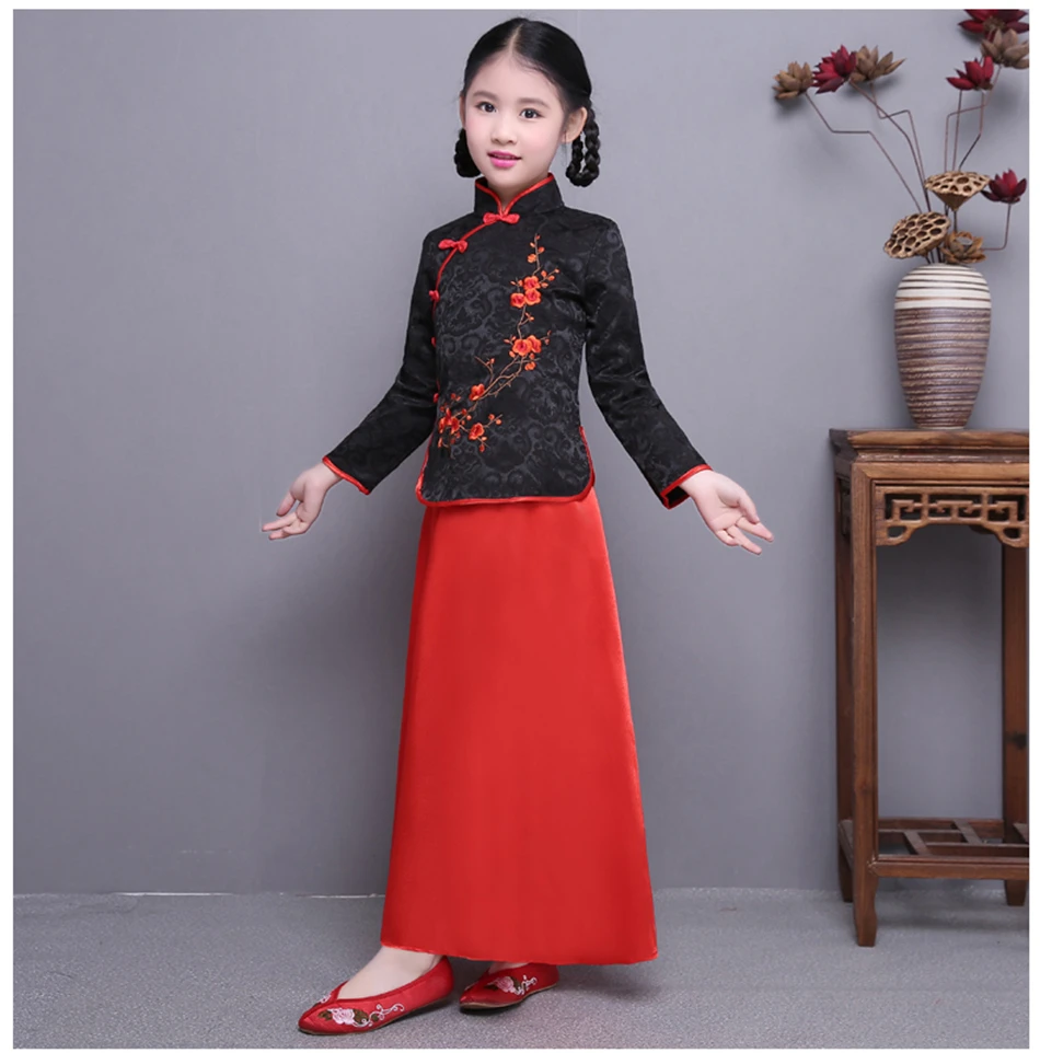 8 видов цветов, новинка, китайское традиционное платье для девочек, чонсам, Ципао, Тан, костюм, шелк, атлас, длинный рукав, детская одежда в китайском стиле