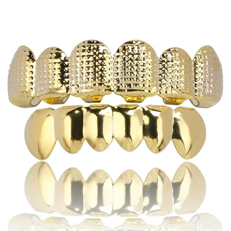 

Denture Care Gold Plated Teeth Lattice Shape Hip Hop Rapper's Bling Teeth Golden Plating Texture Bump Top & Bottom Grill Set