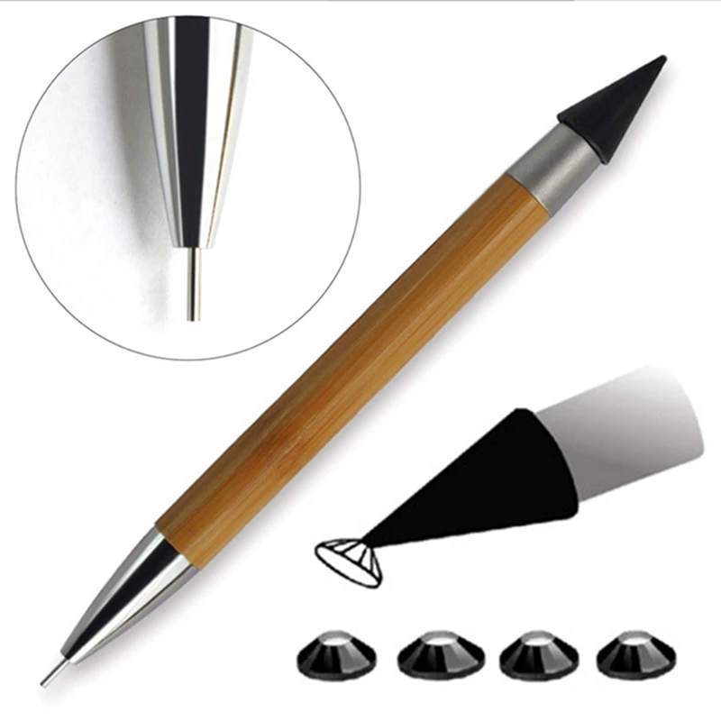 

1pc Double End Bamboo Handle Nail Art Dotting Pen Black Wax Tip Rhinestones Decorations Picking Nail Tool 3d Manicure Accessory