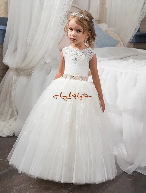 

2018 Pretty Princess white ball gown Flower Girls' Dresses appliques bead Crew Neck backless bows Formal Girl's Pageant Dress