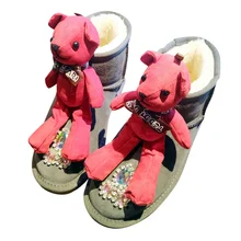 Женские Темно-серые ботильоны с героями мультфильмов; украшение куклы; теплые зимние сапоги на меху