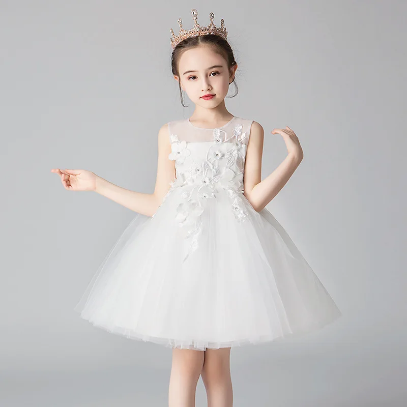 

Host Children's Day White Appliques Flower Little Girl Princess Dresses Teenager Party Wedding Ball Gowns Kids Christmas Dress