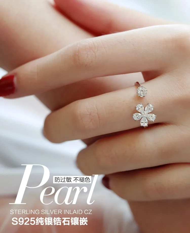 Высокое качество 925 пробы серебро Циркон Кристалл открытый цветок кольцо для девушки женщины кольца подарок ювелирные изделия