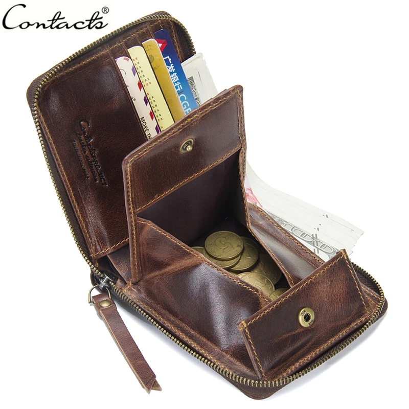 

CONTACT'S Genuine Leather Men's Wallet Vintage Coin Pocket With Card Holder Man Wallet Zipper Male Bag Short Men's Small Purse