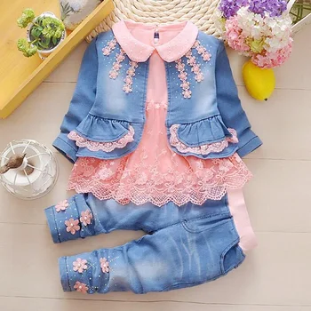 

2019 Spring Autumn Infant Baby Set Girls Clothes Sets Children's Clothing Denim Coats + Lace Shirts + Jeans Pants 3 Piece Suit