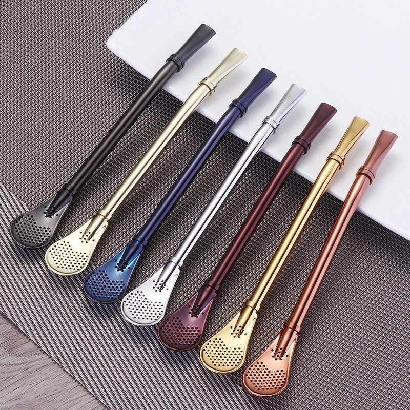 

2 In 1 Stainless Steel straw Reusable coffee spoon Drinking Straw Tea Juice Stirring Spoon tea strainer kitchen accessories