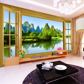 

Custom Wall Mural Wallpaper Room Window Natural Mountain Water Landscape Eco-friendly Non-woven Printed Wallpaper Wall Murals 3D