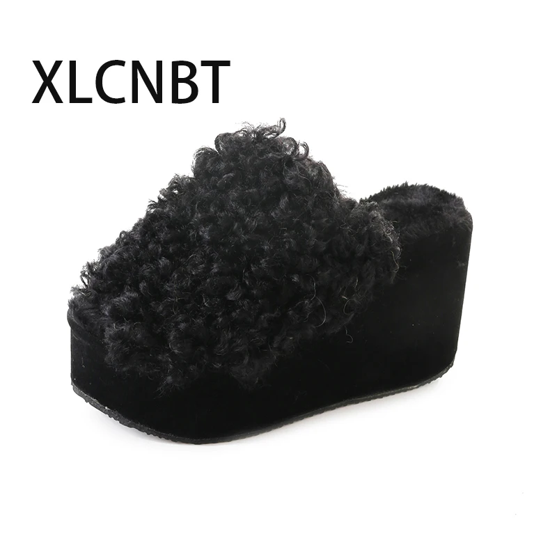 

Plush slippers supper high 10cm heel women slides spring autumn shoes wedges platform sexy ladies increased outside slipper