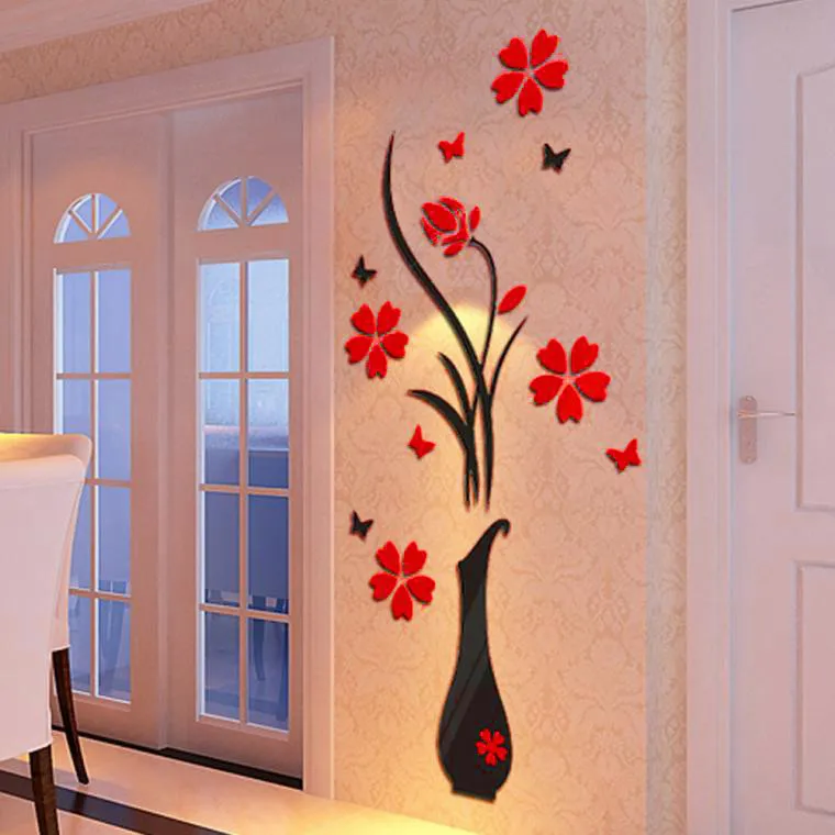 Настенные DIY ваза, Цветочное дерево, хрустальные Arcylic 3D черные наклейки на стену, наклейка для домашнего декора, индивидуальное искусство, креативные наклейки на стену
